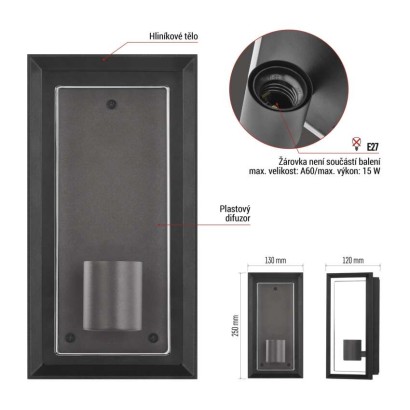 Zahradní nástěnné svítidlo MALVA, 13 x 12 x 25 cm, 1 x E27, 15 W