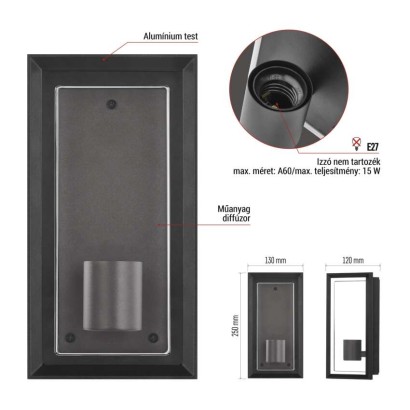 Kerti fali lámpa MALVA, 13 x 12 x 25 cm, 1 x E27, 15 W