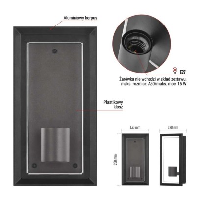 Lampa naścienna Garden MALVA, na żarówkę E27 max 15W, IP44