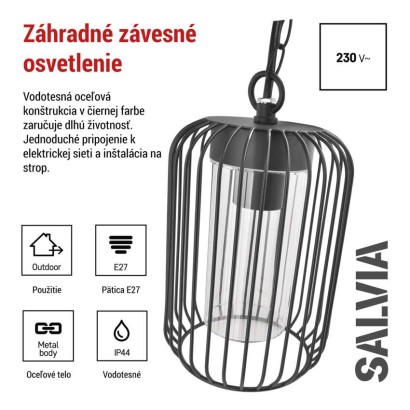 Zahradné závesné svietidlo SALVIA, 16 x 16 x 76 cm, 1 x E27, 15 W