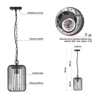 Zahradné závesné svietidlo SALVIA, 16 x 16 x 76 cm, 1 x E27, 15 W