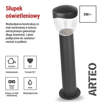 Słupek oświetleniowy Garden ARTEO 50 cm, na żarówkę E27 max 15W, IP44