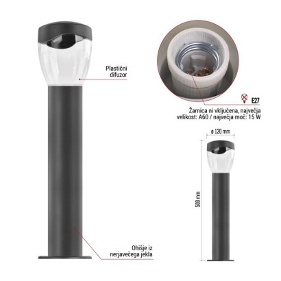 Vrtna stoječa svetilka ARTEO, 12 x 12 x 50 cm, 1 x E27, 15 W