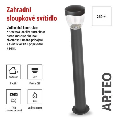 Zahradní sloupkové svítidlo ARTEO, 12 x 12 x 80 cm, 1 x E27, 15 W