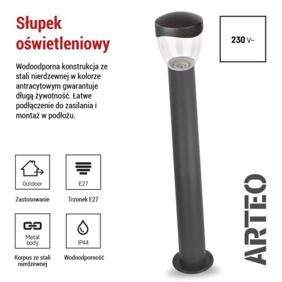 Słupek oświetleniowy Garden ARTEO 80cm, na żarówkę E27 max 15W, IP44