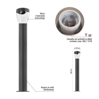 Słupek oświetleniowy Garden ARTEO 80cm, na żarówkę E27 max 15W, IP44