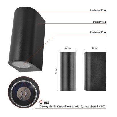 Záhradné nástenné svietidlo OCULUS, 8,8 x 6,7 x 15,3 cm, 2 x GU10, 2× 7W