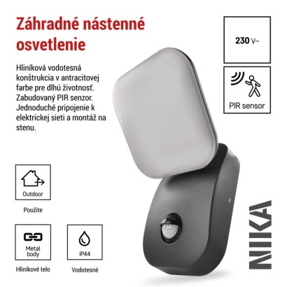 LED záhradné nástenné svietidlo NIKA, senzor súmraku, 12 x 12 x 20 cm, 12,8 W, teplá biela
