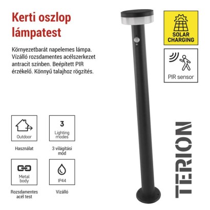LED napelemes kerti oszloplámpa TERION szürkületérzékelővel, 12,5 x 12,5 x 80 cm
