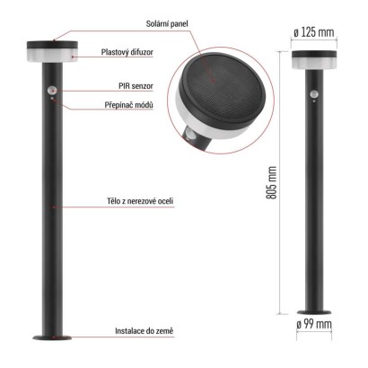 LED zahradní solární sloupkové svítidlo TERION, čidlo soumraku, 12,5 x 12,5 x 80 cm