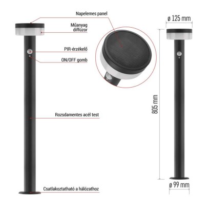 LED napelemes kerti oszloplámpa TERION szürkületérzékelővel, 12,5 x 12,5 x 80 cm