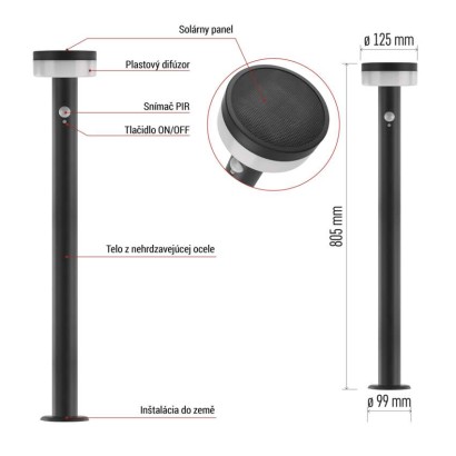 LED záhradné solárne stĺpikové svietidlo TERION, senzor súmraku, 12,5 x 12,5 x 80 cm