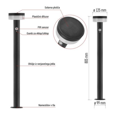 Vrtna LED stoječa svetilka TERION s PIR senzorjem, 12,5 x 12,5 x 80 cm