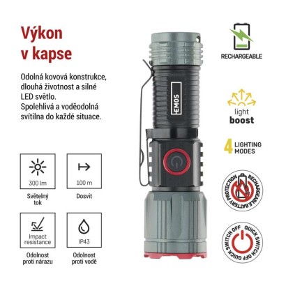 LED nabíjecí kovová svítilna 300 lm, 700 mAh