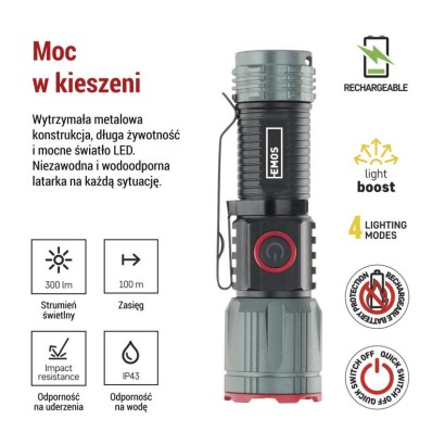 Latarka metalowa LED 300 lm, 700 mAh, ładowalna