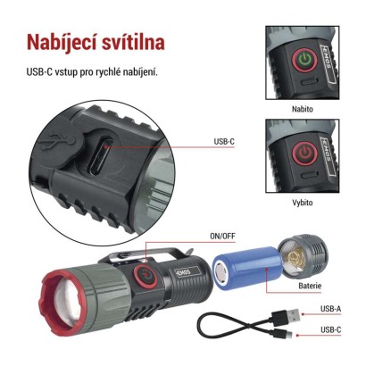 LED nabíjecí kovová svítilna 300 lm, 700 mAh