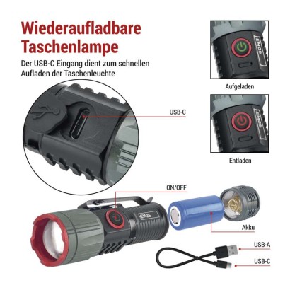 LED Aufladbare Metall-Taschenlampe 300 lm, 700 mAh