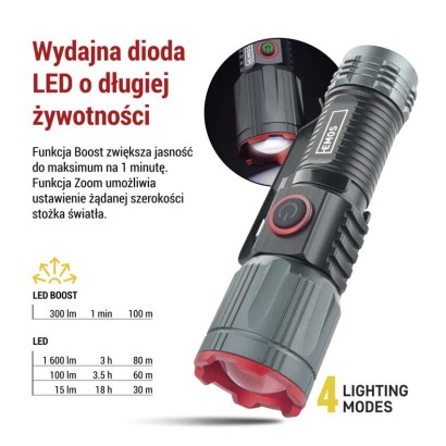 Latarka metalowa LED 300 lm, 700 mAh, ładowalna