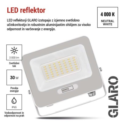 LED reflektor GLARO 30W, bel, IP65, 3000 lm, nevtralna bela