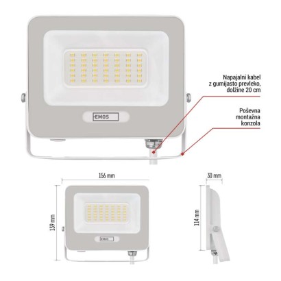 LED reflektor GLARO 30W, bel, IP65, 3000 lm, nevtralna bela