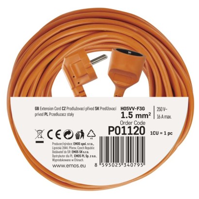 Prodlužovací kabel 20 m / 1 zásuvka / oranžový / PVC / 230 V / 1,5 mm2