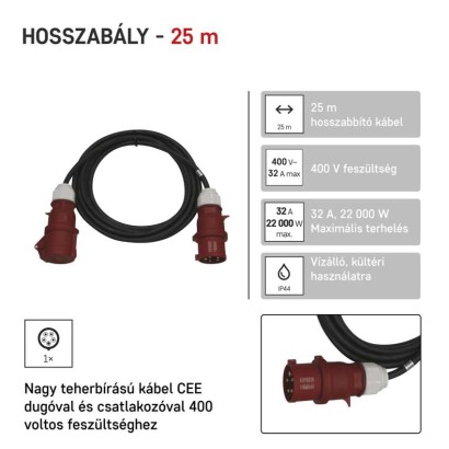 3 fázisú kültéri hosszabbító 25 m / 1 aljzat / fekete / gumi / 400 V / 4 mm2