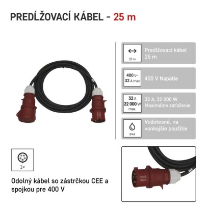 3 fázový vonkajší predlžovací kábel 25 m / 1 zásuvka / čierny / guma / 400 V / 4 mm2