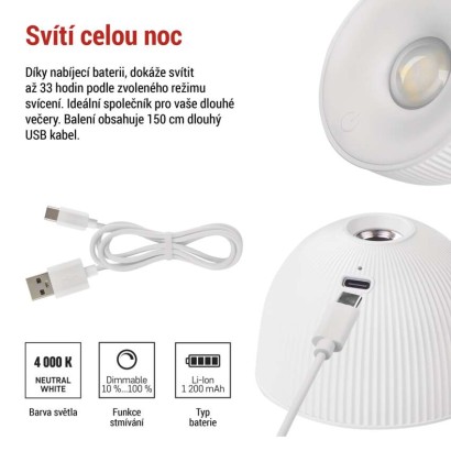 LED stolní lampa SOPHIE, nabíjecí, bílá