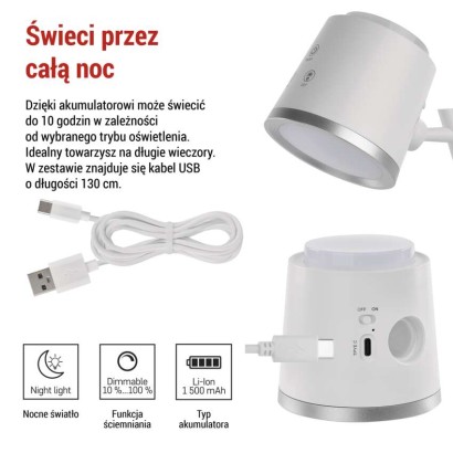 Lampa biurkowa LED ABBIE, ładowalna, biała