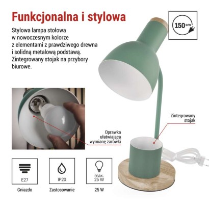 Lampa biurkowa POPPY na żarówkę E27, zielona