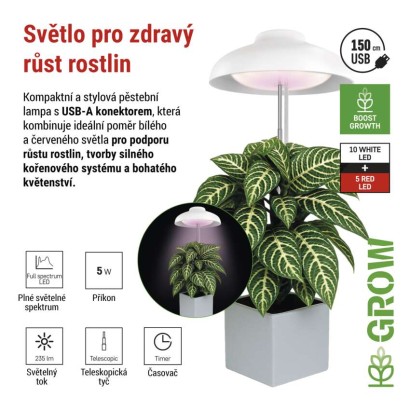 LED GROW pěstební lampa 5 W, časovač, bílá