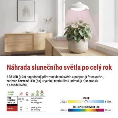 LED GROW pěstební lampa 5 W, časovač, bílá