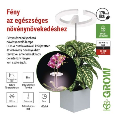 LED növénynevelő lámpa, teljes spektrum, 39 LED, beltéri, időzítővel, dimmelhető