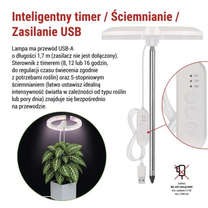 Lampa LED GROW do uprawy roślin 8 W, timer, ściemnialna, biała