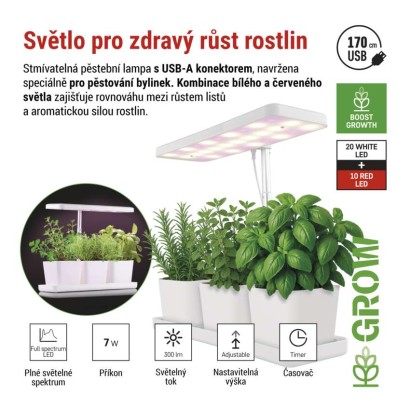 LED GROW pěstební lampa 7 W, časovač, stmívatelná, bílá