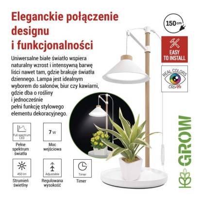 Lampa LED GROW do uprawy roślin 7 W, timer, biała