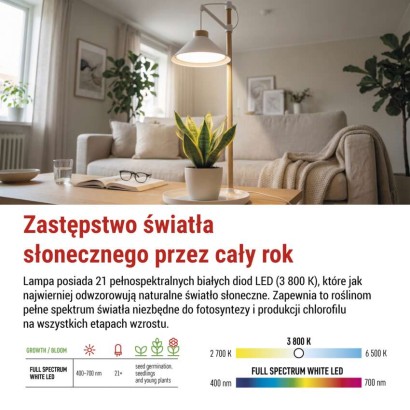 Lampa LED GROW do uprawy roślin 7 W, timer, biała