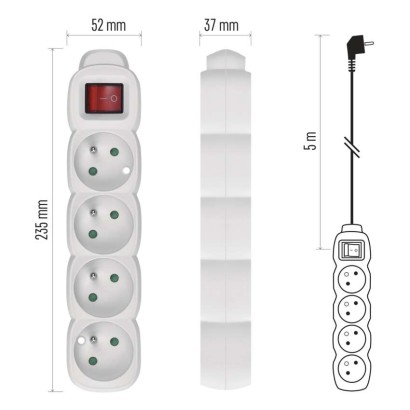 Prodlužovací kabel 5 m / 4 zásuvky / s vypínačem / bílý / PVC / 1,5 mm2