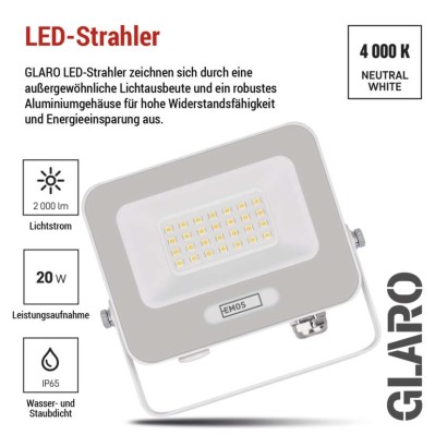 LED reflektor GLARO 20W, weiß, IP65, 2000 lm, neutralweiß