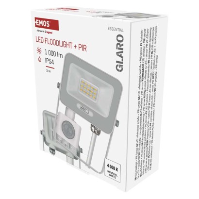 LED reflektor GLARO s pohybovým čidlem, 10 W, bílý, IP54, 1000 lm, neutrální bílá