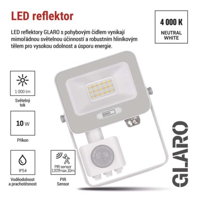 LED reflektor GLARO s pohybovým čidlem, 10 W, bílý, IP54, 1000 lm, neutrální bílá