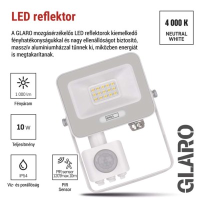 LED reflektor GLARO PIR 10 W, fehér, IP54, 1000 lm, természetes fehér