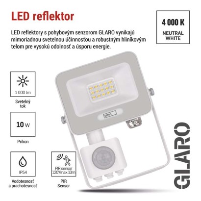 LED reflektor GLARO s pohybovým čidlom, 10 W, biely, IP54, 1000 lm, neutrálna biela