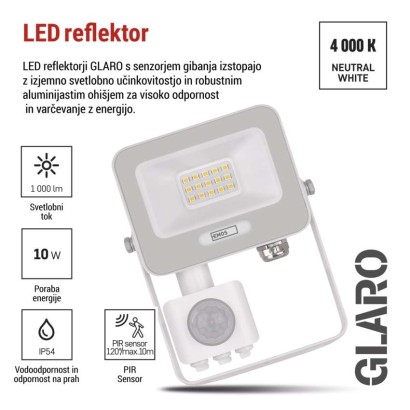 LED reflektor GLARO PIR 10 W, bel, IP54, 1000 lm, nevtralna bela
