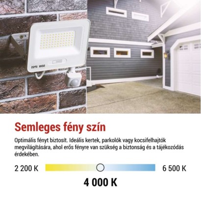 LED reflektor GLARO PIR 10 W, fehér, IP54, 1000 lm, természetes fehér