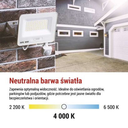 Naświetlacz LED GLARO PIR 10 W, biały, IP54, 1000 lm, neutralna biel