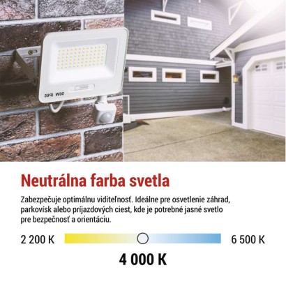 LED reflektor GLARO s pohybovým čidlom, 10 W, biely, IP54, 1000 lm, neutrálna biela