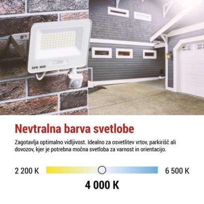 LED reflektor GLARO PIR 10 W, bel, IP54, 1000 lm, nevtralna bela