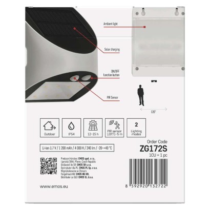 EMOS LED SOLAR lámpatest LUMI PIR, 240lm IP54 természetes fehér