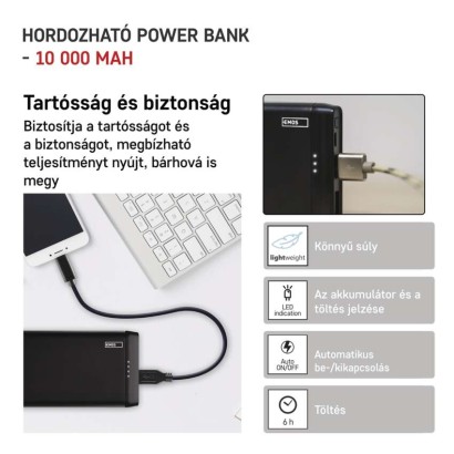 EMOS Powerbank ALPHA 10S, 10 000 mAh, 10 W, fekete